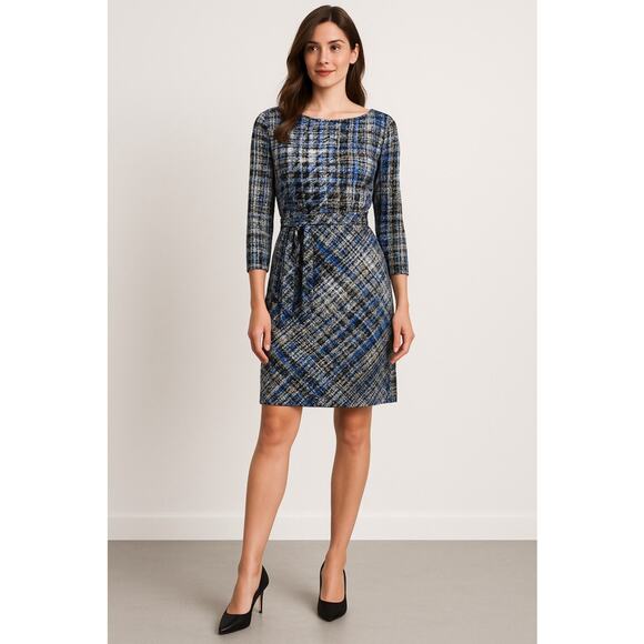 Donna Morgan Abstract Print Belted Dress Retro Vibes Stretchy 3/4 Sleeve M - Picture 1 of 4